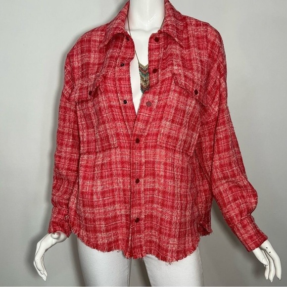 Zara Red/Pink‎ Plaid Snap Button Bouclé Fabric Shacket - S - Picture 1 of 10